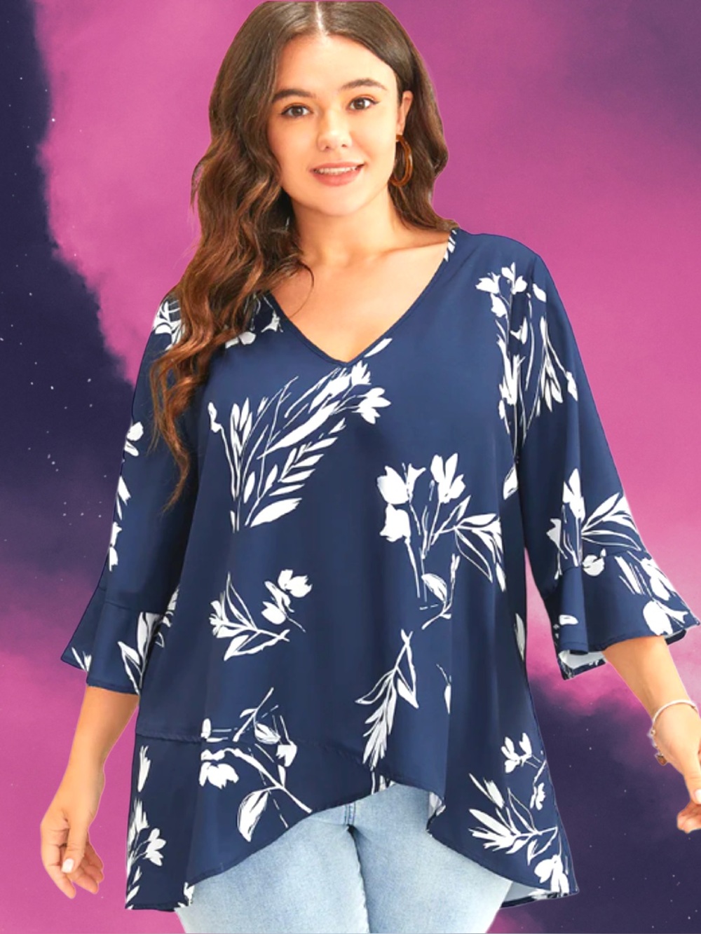🆕Bloomchic Women’s plus-size Navy Blue & White Floral Ruffle-sleeve Blouse🩷🩷3X